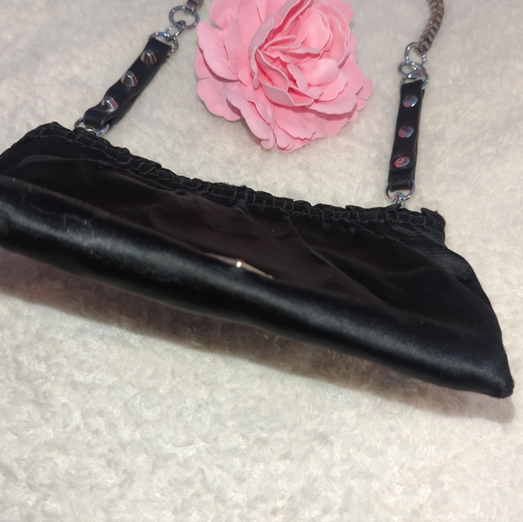 Prada Black Satin Pouch Authentic Converted To Shoulder Bag Edgy Silver Chain - Picture 10 of 11